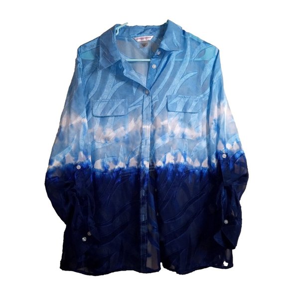 Allison Daley Petite‎ Size 16P Blue Sheer Collared Button-Down Blouse -SHEER - Picture 1 of 5